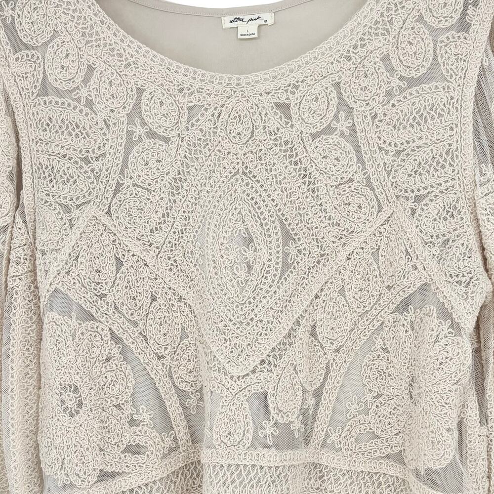 Ultra Pink Cream Balloon Sleeve Crochet Knit Top Size L - Picture 3 of 6